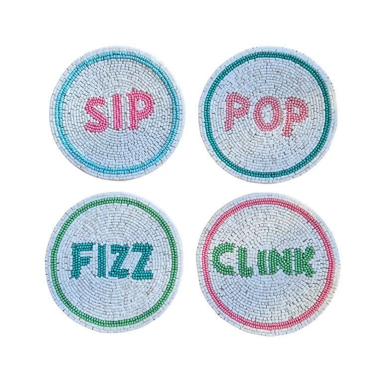 Beaded Coaster Set Of 4 - Sip, Pop, Fizz & Clink