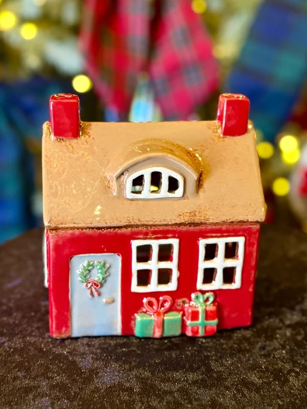 Stoneware Village Tealight House - Red Christmas Cottage With Presents