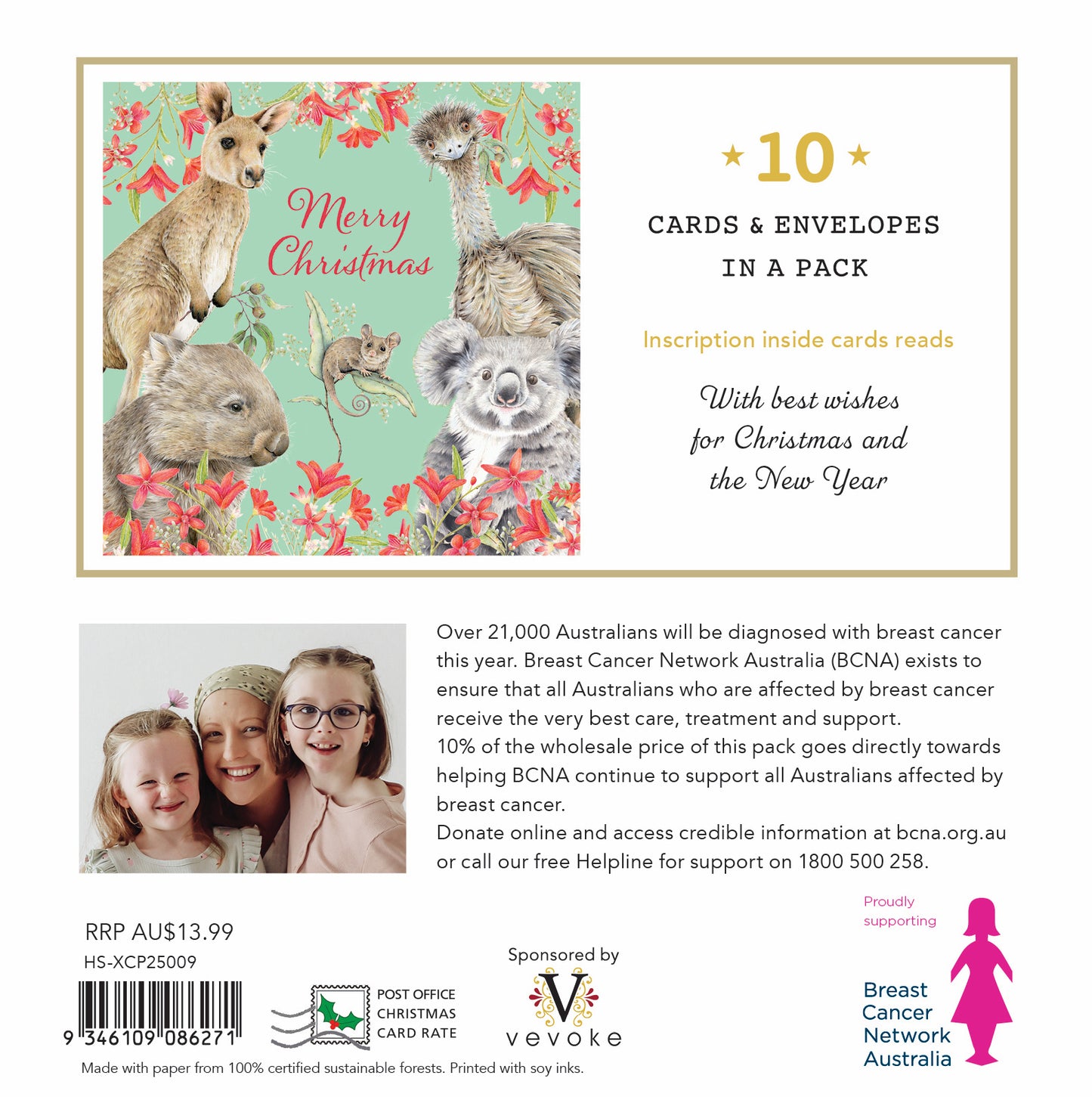 Animal Greetings 10 Boxed Charity Christmas Cards - Breast Cancer Network