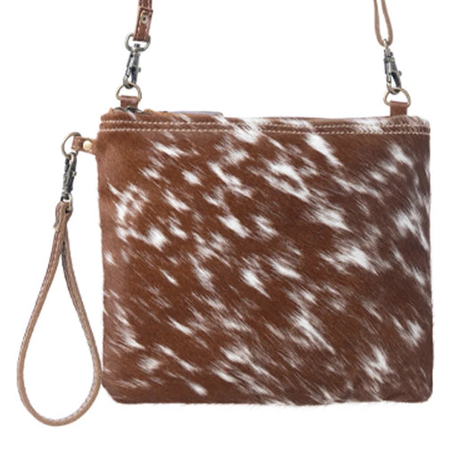 Myra Brown And White Genuine Hair-on Cowhide Leather Dual Strap Crossbody Handbag