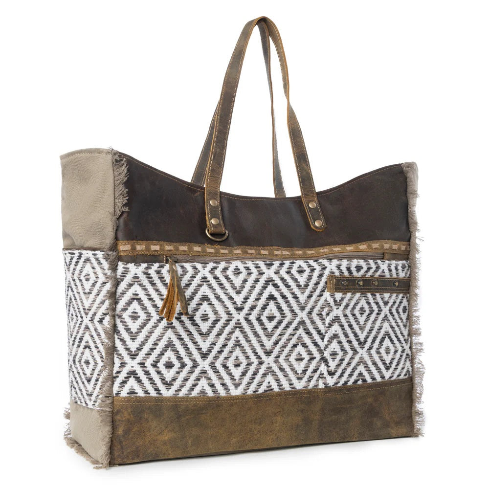 Myra Sand Weaver Chocolate & Olive Weekender Bag - Off Campus