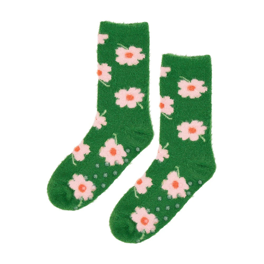 Fuzzy Bed Socks Flower Green
