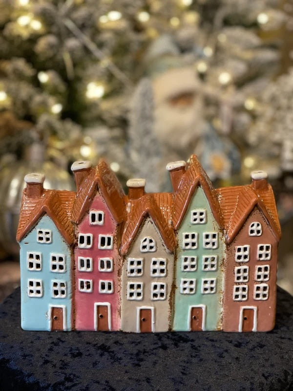 Stoneware Tealight House - Pastel Five House Village