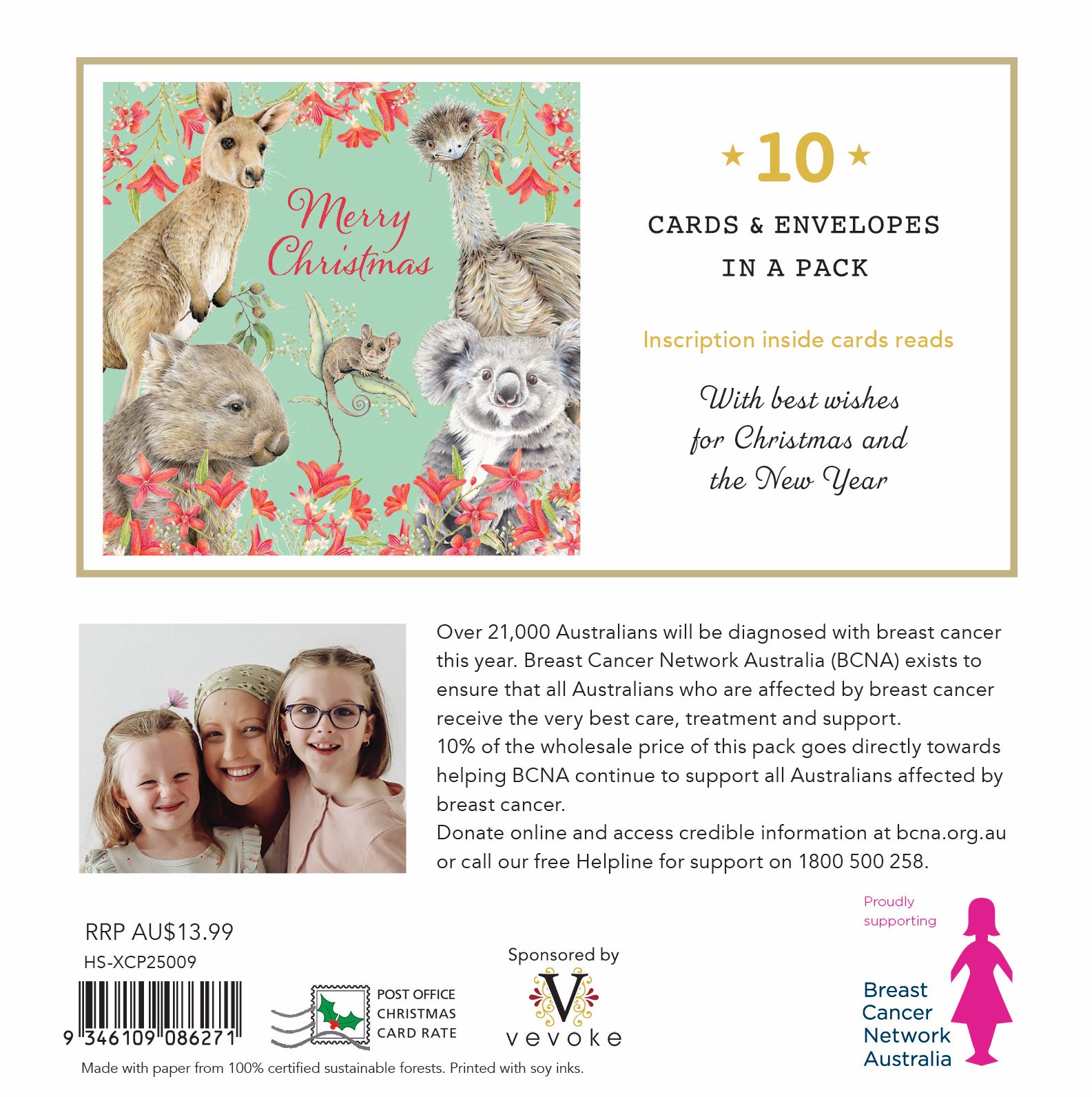 Animal Greetings 10 Boxed Charity Christmas Cards - Breast Cancer Network