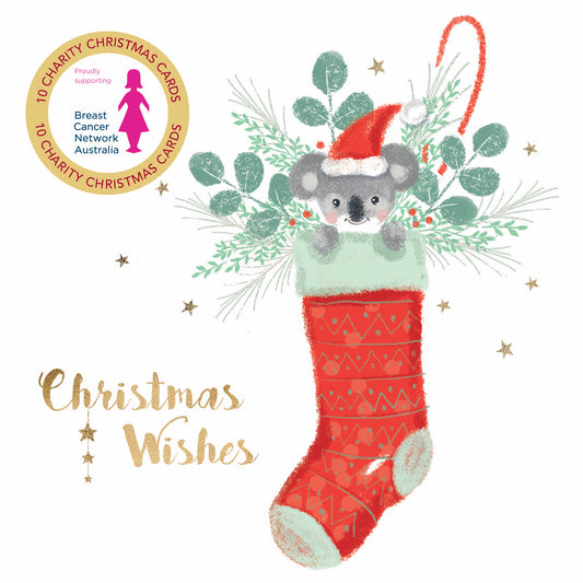 Koala Stocking 10 Boxed Charity Christmas Cards - Breast Cancer Network