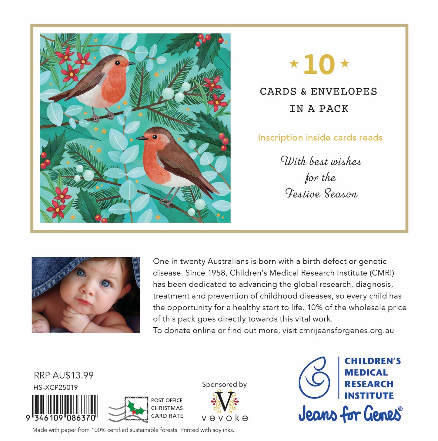Robins 10 Boxed Charity Christmas Cards - Jeams For Genes