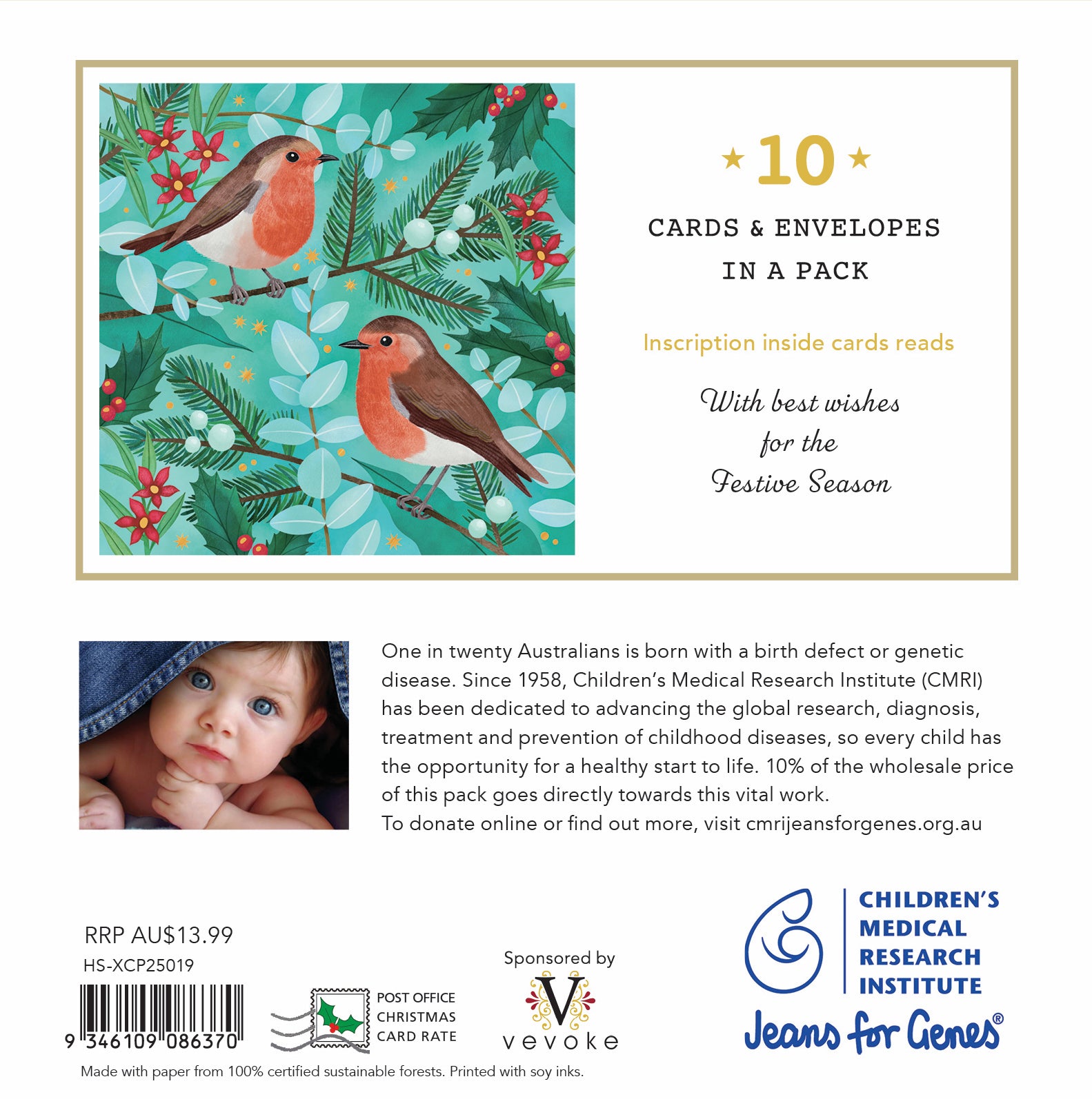 Robins 10 Boxed Charity Christmas Cards - Jeams For Genes