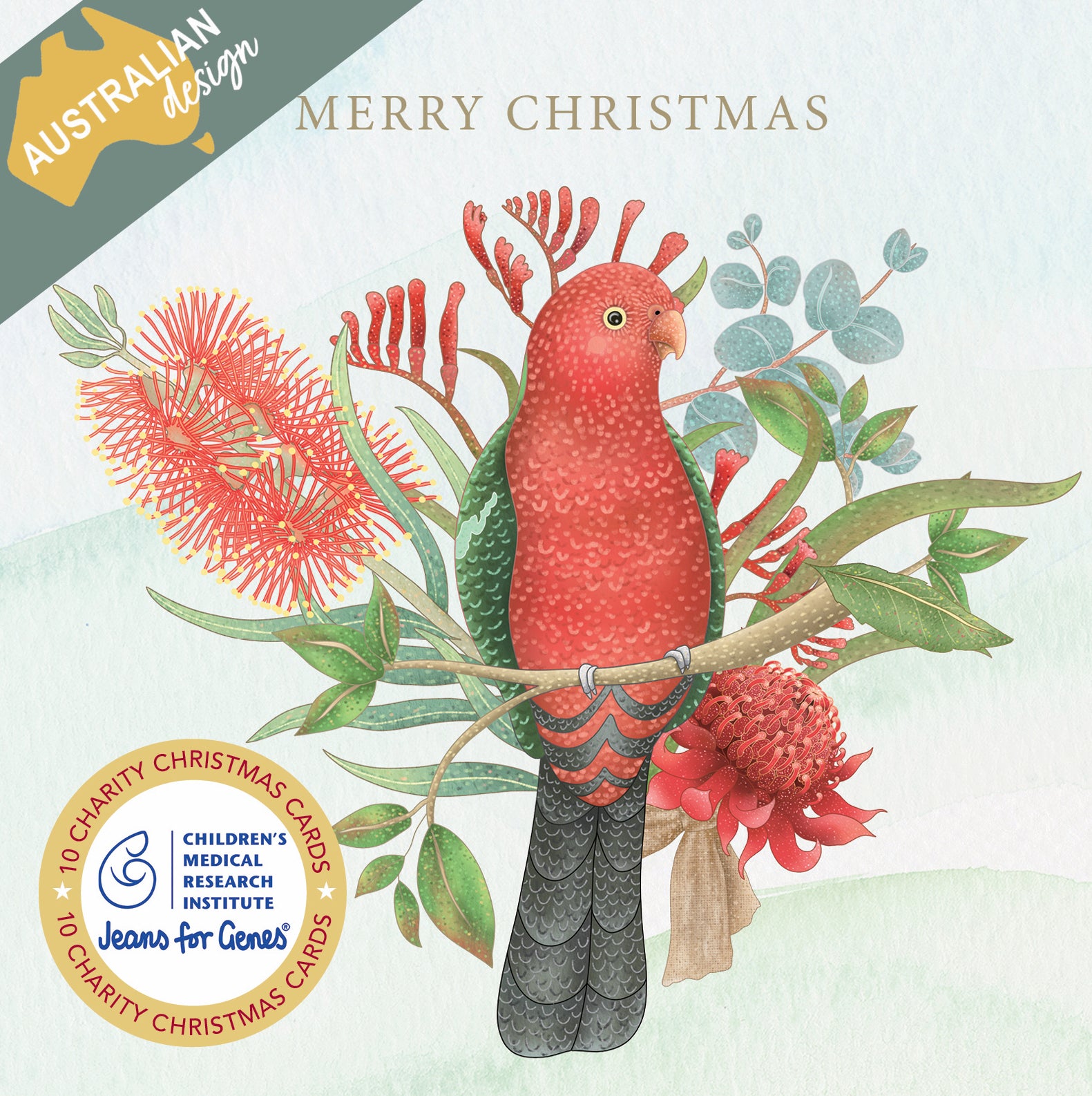 Floral King Parrot 10 Boxed Charity Christmas Cards - Jeans For Genes