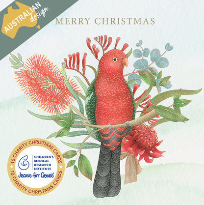 Floral King Parrot 10 Boxed Charity Christmas Cards - Jeans For Genes
