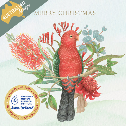 Floral King Parrot 10 Boxed Charity Christmas Cards - Jeans For Genes