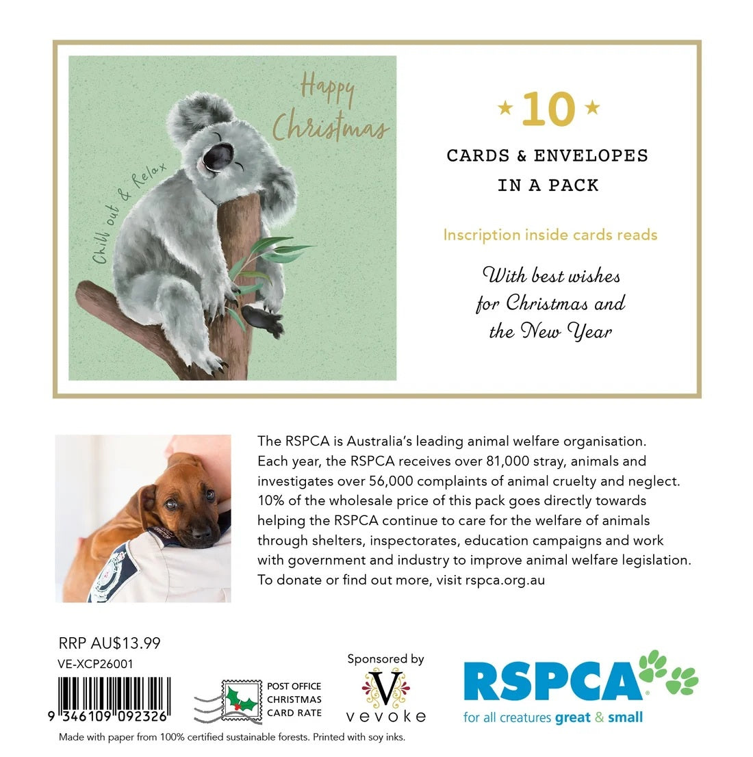 Rspca - Happy Koala - 10 Charity Christmas Cards Pack
