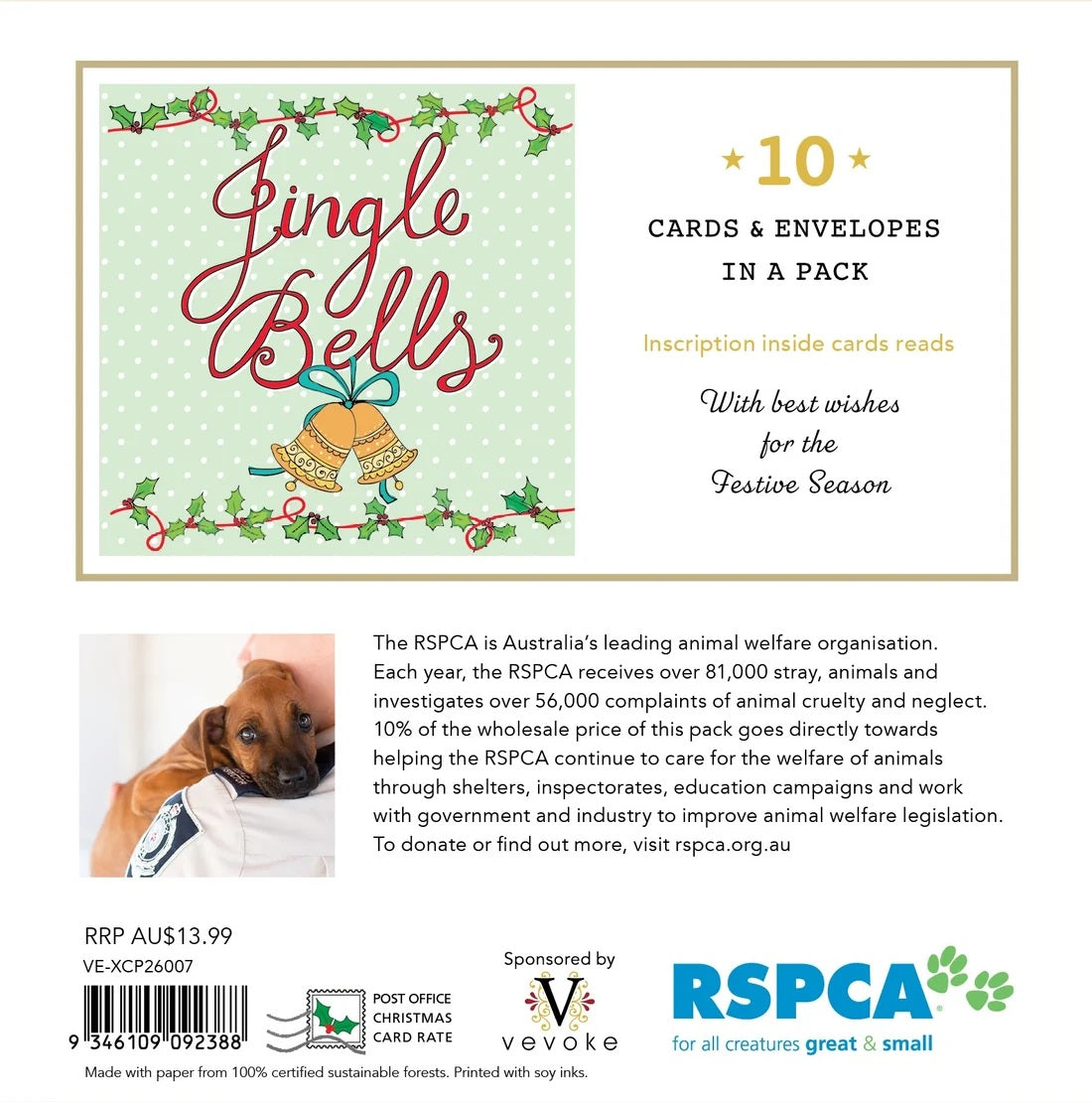 Rspca - Jingle Bells - 10 Charity Christmas Cards Pack