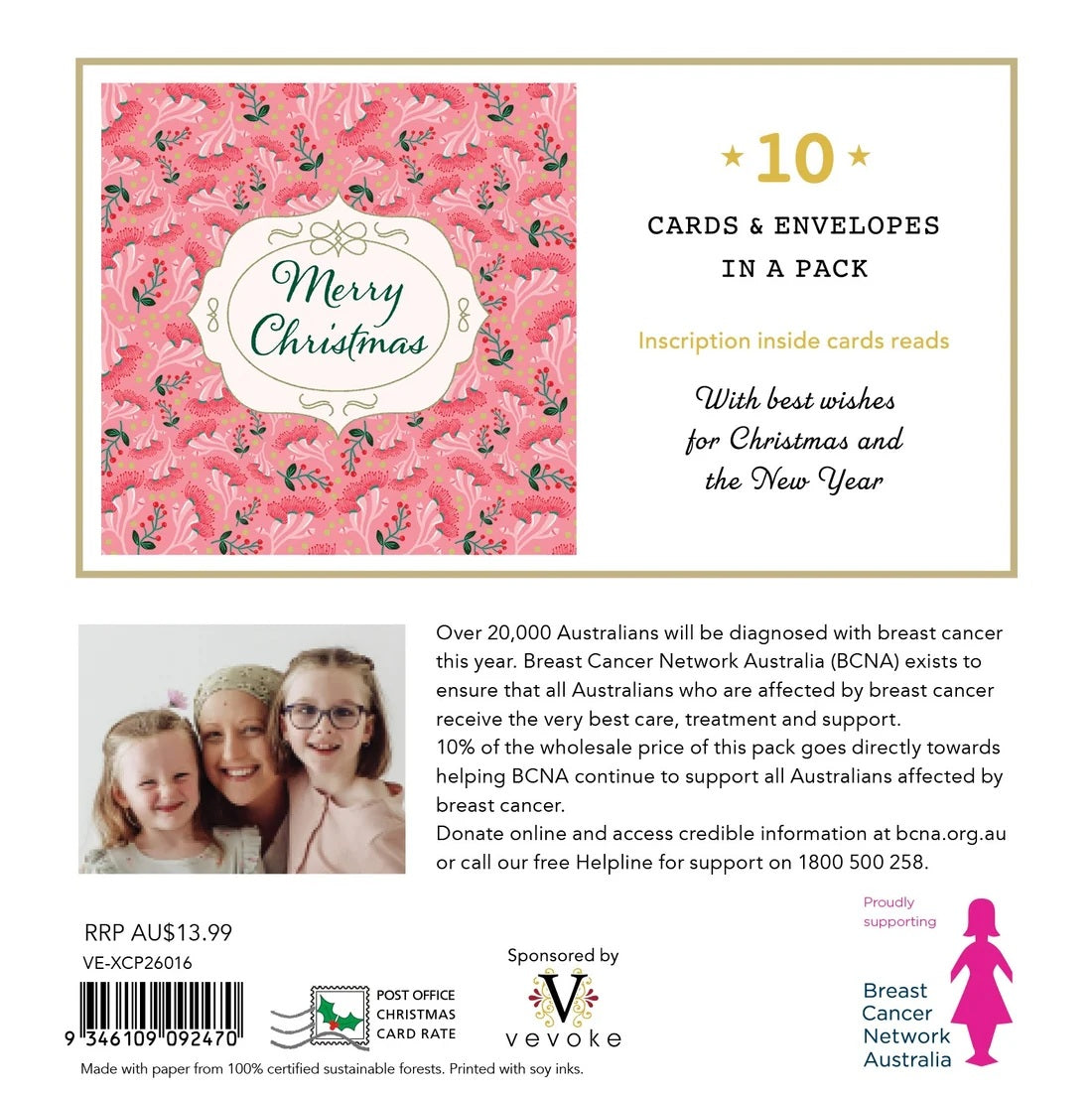 Bcna - Vintage Pink Christmas - 10 Charity Christmas Cards Pack