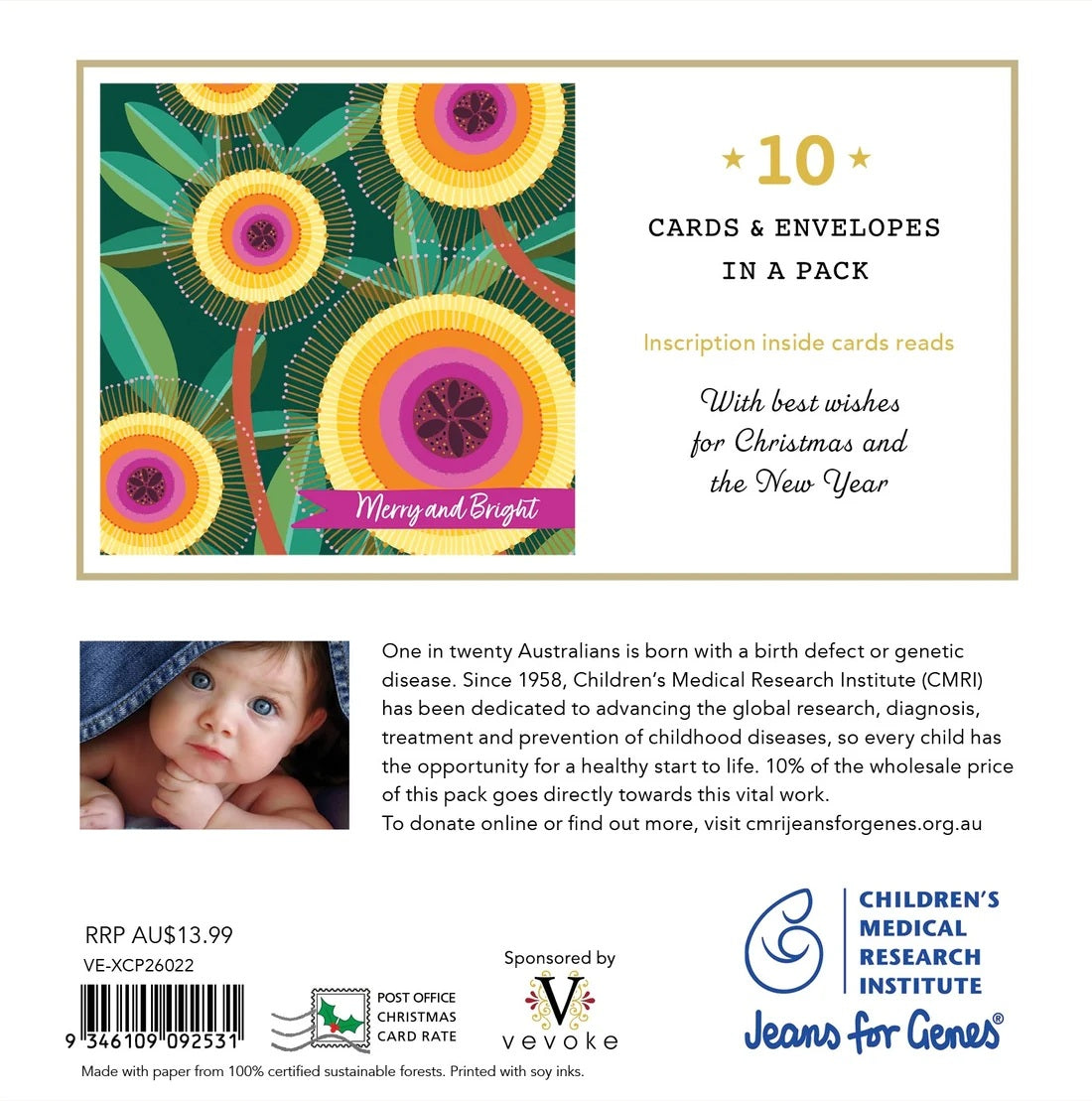 Cmri - Merry And Bright - 10 Charity Christmas Cards Pack